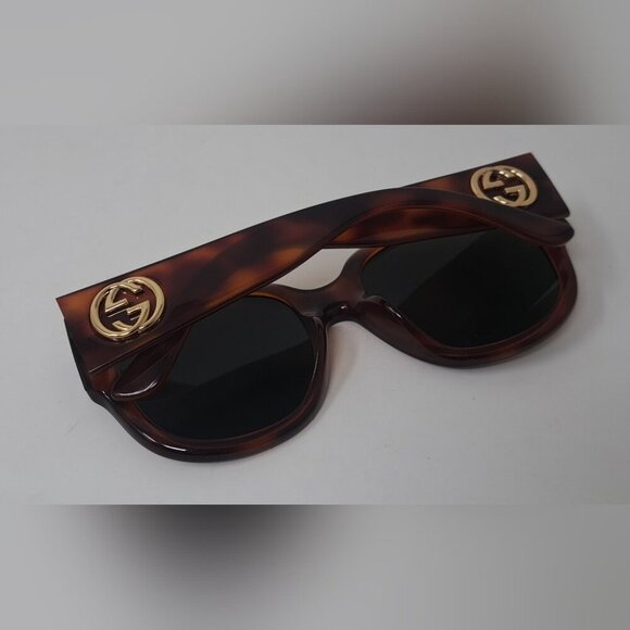 Gucci Womens Sunglasses Havana Green Gold Big Logo Square GG0142SA 002 55-20-140 - Picture 4 of 16